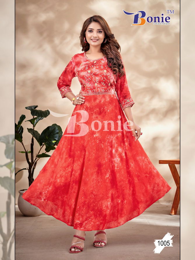 Bonie Tie Die Rayon Anarkali Designer Kurtis Catalog
